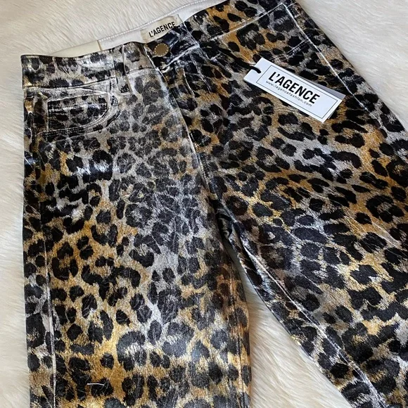 L'AGENCE Margot Metallic Foil Coated Leopard Print High Rise Crop Skinny…
